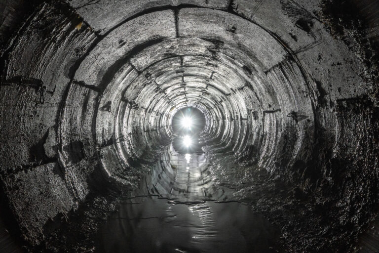 Underground round tunnel that gets water out from soil with light in the end.