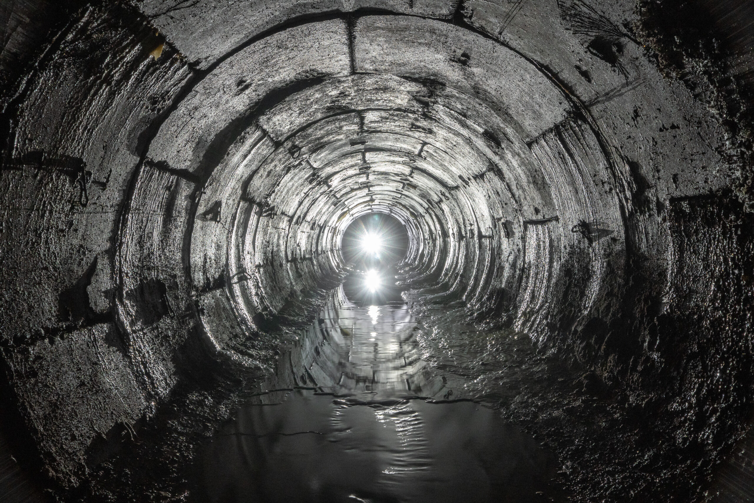 Underground round tunnel that gets water out from soil with light in the end.